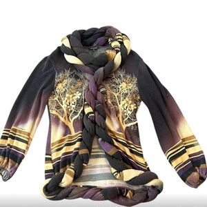 Samuel Dong Womens Small Sweater Brown Purple Yellow Tree Print Chunky